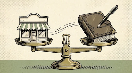 A balance scale weighing a franchise storefront against a ledger — is a franchise a job you buy or an asset you own?